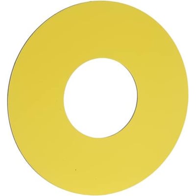 Gult nødstopskilt i plast med en åbning i midten, diameter Ø60 mm, fra Schneider Electric.