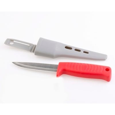 Håndværgerkniv med et skarpt stålblad og et rødt, ergonomisk håndtag, ledsaget af en grå skede.