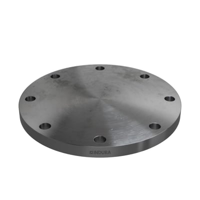 3D-rendering af Indura blindflange DN200, 219,1 mm, viser tydeligt 8 bolthuller og mærket med Indura logo.