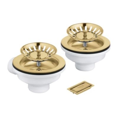 Grohe bundventil til køkkenvask i børstet cool sunrise messing med to komplette sæt vist. Der medfølger også et overløbsdæksel.