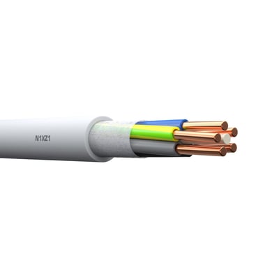 Waskönig+Walter N1XZ1-O 4x16 installationskabel med grå kappe, vist med afskårne ledere og kobberender.