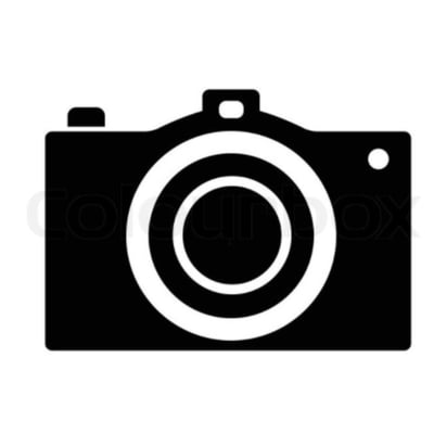 Sort silhuet af et kamera med hvid linse og blitzsko. Produktbilledet er generelt og uden specifikke detaljer.