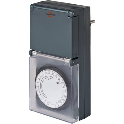 Brennenstuhl udendørs timer med børnesikret kontakt og 24 timers ur i grå, vist frontalt mod hvid baggrund.