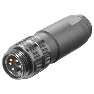 Siemens SIMATIC net 7/8" hanstik til axial kabel til ET200, med 5 guldbelagte pins synlige og riflet greb i metal.