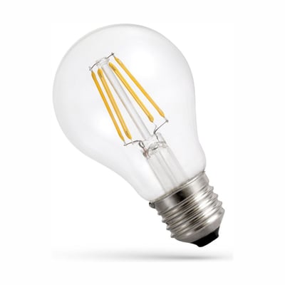 SpectrumLED A60 LED-pære med klart glas, synlige kultråde og E27-fatning, vist skråt forfra.