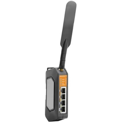 Weidmüller IE-SR-4TX-LTE/4G-EU router med udtrækkelig antenne og fire RJ45 porte, vist fra siden mod en hvid baggrund.