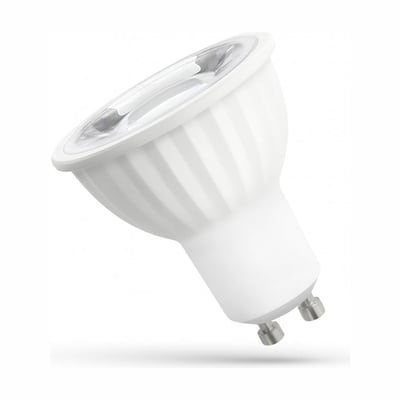 SpectrumLED GU10 LED-pære på 6 W med hvidt hus og to stifter, set skråt forfra; lyset er 3000 K.