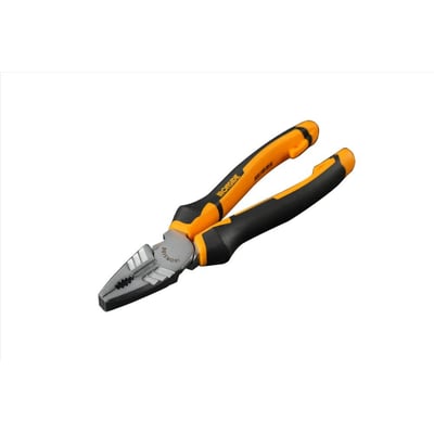Ironside HD kombinationstang på 200 mm med orange og sorte 2-komponentgreb, vist skråt med kæberne forrest.