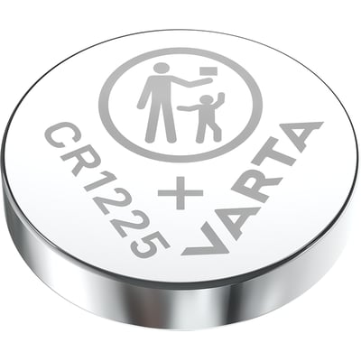 Nærbillede af Varta CR1225 lithium coin batteri, sølvfarvet med 'CR1225', '+' og Varta logo.