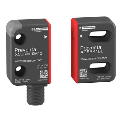 Telemecanique Sensors Preventa XCS RFID-sikkerhedskontakt XCSRM10M12 ses forfra ved siden af den sorte og røde modpart.