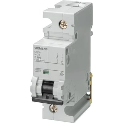 Siemens SENTRON-automatsikring med 1 pol, B-kurve og 80 A, set forfra og fra siden med sort betjeningsgreb.