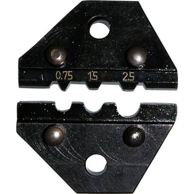 Elpress pressebakker til uisolerede kabler fra 0,25 til 2,5 mm², vist med målene 0.75, 1.5 og 2.5 indgraveret.