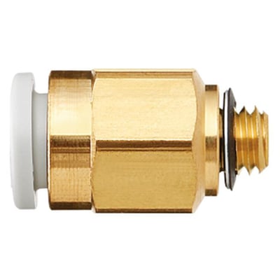 Serto han connector i messing med hvid plastfitting til 8 mm slange og 1/4" gevind med tætningsring.
