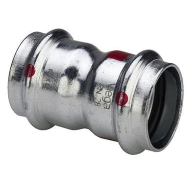 Tættere vinkel af Viega Prestabo 35mm muffe, der viser den forzinkede ståloverflade og prægninger.