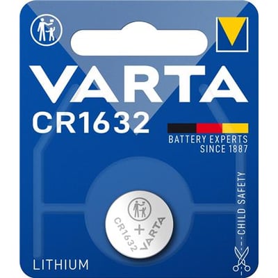 Varta CR1632 lithium knapcellebatteri med 3,0V spænding, vist på blå baggrund.