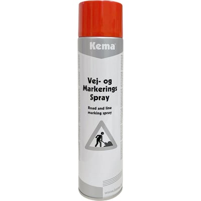 Bagside af Kema vej- og markeringsspray, 600 ml, med produktinformation og advarselssymboler på grå baggrund.