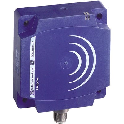 Schneider Electric induktiv sensor XS8 i blå plast med M12 stik og 60mm tasteafstand, 80x80x26mm.