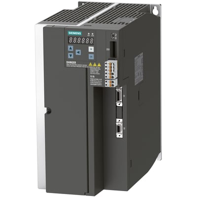 Siemens SINAMICS V90 Profinet frekvensomformer med 3 AC 400V, 5.0kW og IP20 beskyttelse, vist fra siden med tilslutninger og advarselsskilte.
