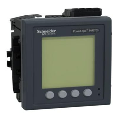 Schneider Electric PowerLogic PM5700 energimåler med stor LCD-skærm, fire grå knapper og to små indikatorlamper på en mørkegrå front.