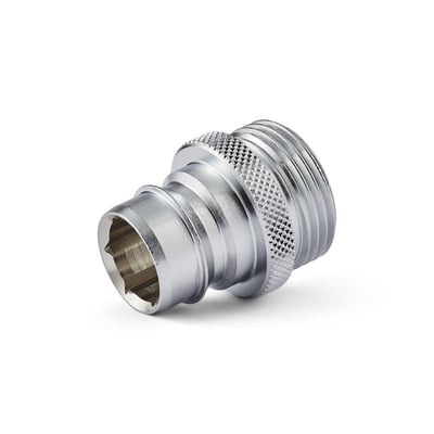 Nito koblingsnippel i forkromet messing, set fra siden, med 3/4" udvendigt gevind og indvendig sekskantet kobling.