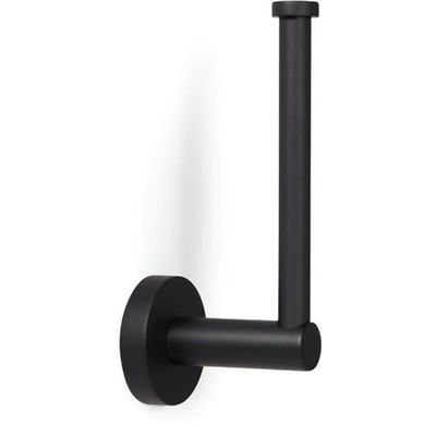 Elegant reservepapirholder i sort metal med et stilrent design, monteret på en hvid væg.