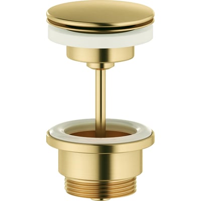 Damixa bundventil med frit flow i børstet messing (PVD) og 1 1/4" gevind. Hvid tætningsring ses tydeligt.