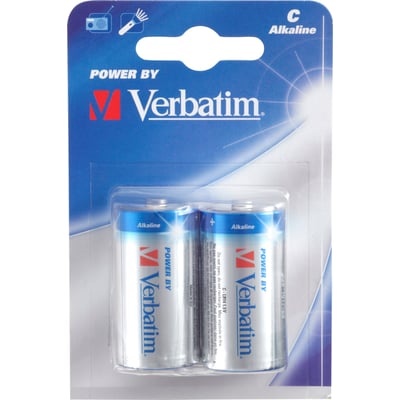 Verbatim alkaliske C-batterier (LR14) på 1,5 V i blå og hvid blisterpakning med to batterier synlige.
