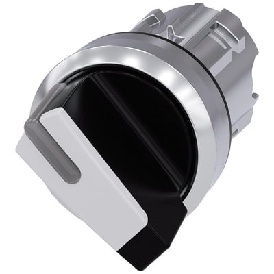Siemens 22 mm omskifter med lys, ru metalfront og hvid betjeningsarm, kort model med I/O markering på sort baggrund.