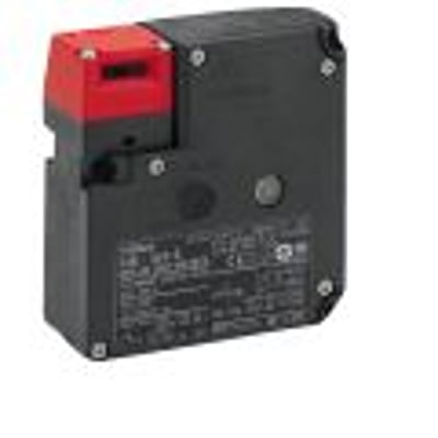 Omron D4NL sikkerhedsdørlås med M20 gevind og rød/sort plastikhoved, set forfra med tydelig mærkat.