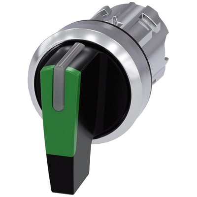 Siemens 22mm omskifter med lys, rund, metal, grøn, 3-positioners med frontplade i metal og betjeningsgreb.