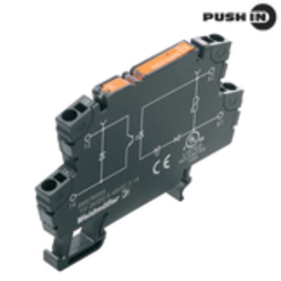 Weidmüller solid-state relæ til 220 V DC med orange push-in-klemmer, vist skråt forfra med tilslutningsdiagram.