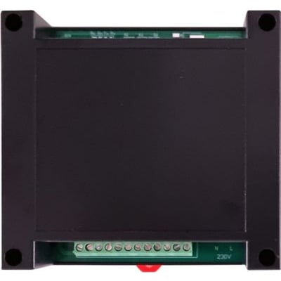 Sawux HVAC-ADD enhed i sort kabinet med synlig printplade og terminalblok for 230V tilslutning.