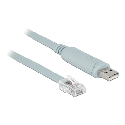 DeLock USB 2.0 til RS-232-adapter med gråt kabel, USB-A-stik og RJ45-hanstik, ca. 5 meter.
