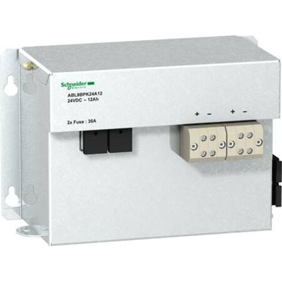 Schneider Electric ABL8 batterimodul med 7Ah kapacitet, 24VDC og 40A udgangsstrøm, vist med monteringsbeslag og terminaler.