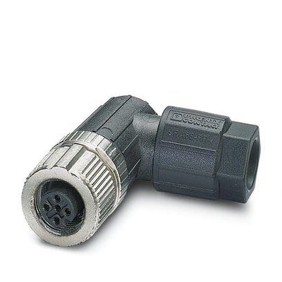 Phoenix Contact SACC-M12FR-4PL M 90-graders M12 konnektor med 4 pin hanstik og metalgevind, på hvid baggrund.