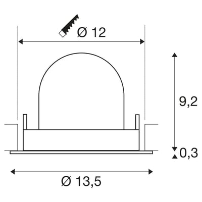 Teknisk tegning af SLV NUMINOS® GIMBLE M loftindbygningsspot med dimensioner for installation. Måler ø13,5 cm i diameter.