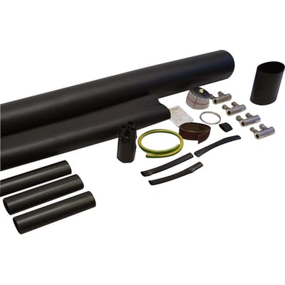 Nærbillede af Melbye Krympemuffesæt MPP-D 10, viser de enkelte komponenter som skruemuffer og krympetilbehør på en hvid baggrund.