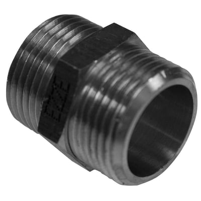 Detaljeret billede af Ezze brystnippel, forkromet messing, med 3/4" gevind og synlige brand- og specifikationsmærker.