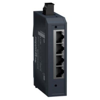 Schneider Electric Modicon Unmanaged Switch med 4 TX og 1 FX-MM port på hvid baggrund.