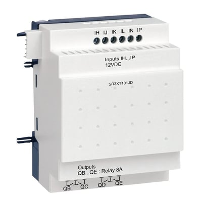 Schneider Electric Zelio udvidelsesmodul SR3XT101JD med 10 digitale I/U og 12VDC forsyning.