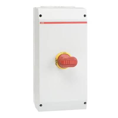ABB 6-polet sikkerhedsafbryder 90A med hvid plastkapsling, tydeligt R/G drejegreb og synlig ABB logo.