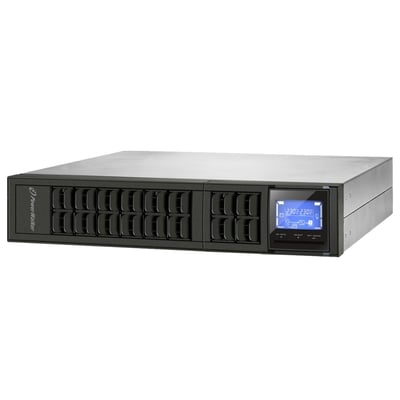 PowerWalker UPS 3000 VA i sort rackmonterbart design med LCD-skærm og PowerWalker logo på fronten.