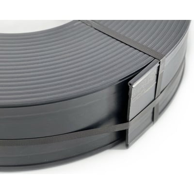 ECCOborder kantskinne på 25 meter rulle, 140 mm bred sort genbrugsplast med bånd, fremvist på hvid baggrund.