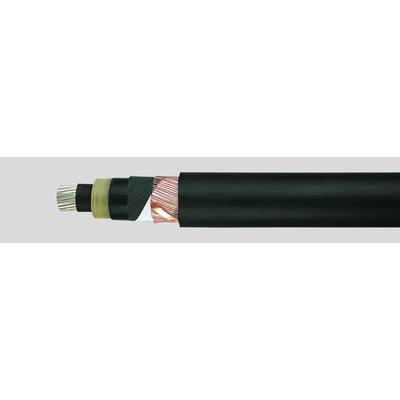 HELUKABEL mellemspændingskabel NA2XS(F)2Y 18/30 kV i snit, viser lagene af aluminiumledere, isolering og sort yderkappe.