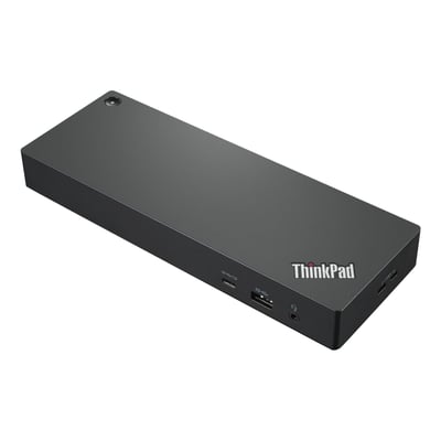 Lenovo ThinkPad Universal Thunderbolt 4-dockingstation i sort, set skråt forfra med synlige porte på fronten og siden.