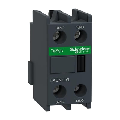 Nærbillede af Schneider Electric TeSys D hjælpeblok, der viser 1 NO og 1 NC kontakt med tydelige mærkninger og skrueterminaler.