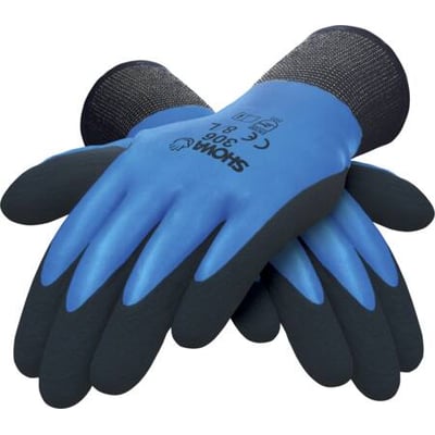 Et par Showa Dual 306 arbejdshandsker i størrelse 10, der viser den blå overside og sorte håndflade med tekst.