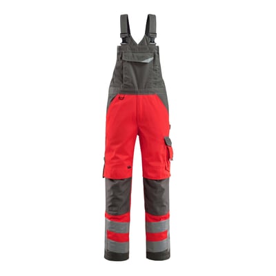 Mascot overall 15569 i hi-vis rød og antracit, størrelse 54 med justerbare seler og mange praktiske lommer.
