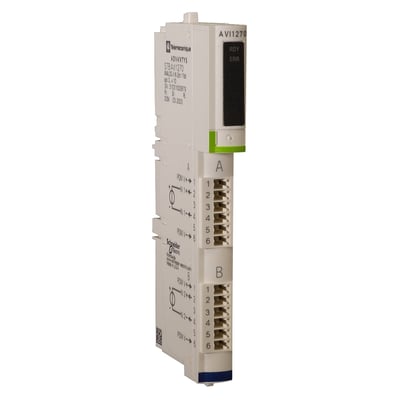 Schneider Electric STB AVI 1270 analog I/O-modul til industriel automation, vist fra siden med terminaler og statusindikatorer.
