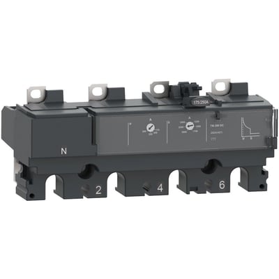 Schneider Electric TM125DC 4-polet relæenhed til NSX160DC, med justeringsmuligheder for strøm og kortslutning.